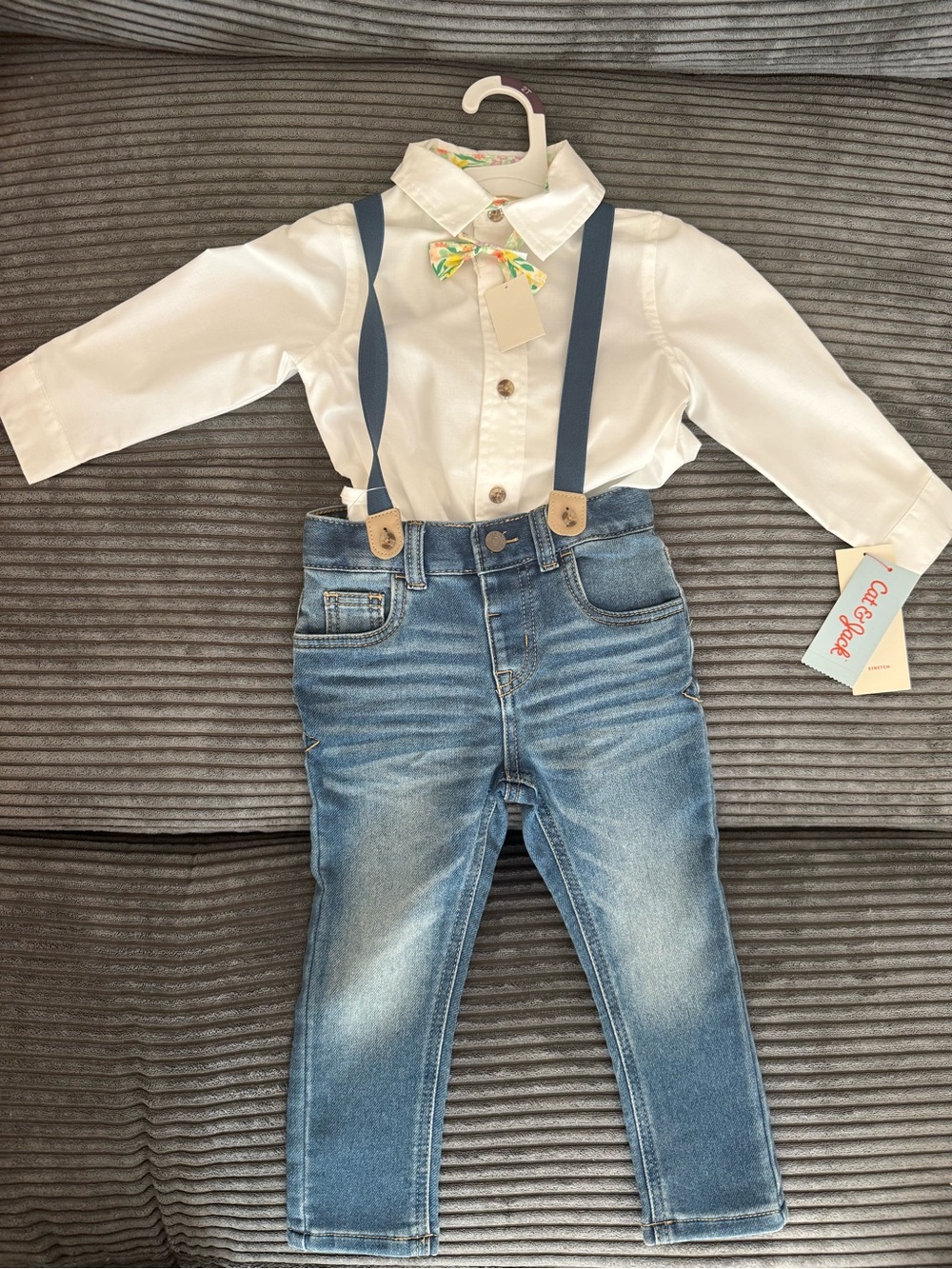 Cat & Jack White Shirt with Blue Suspenders and Floral Bow Tie Set